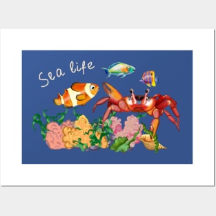 seabed with red crab, algae and fish Posters and Art